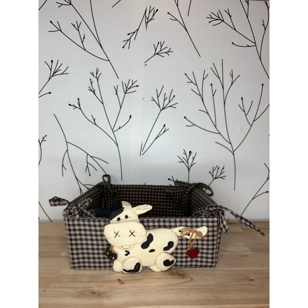 Country‎ Style Fabric Basket w/ a Cute Plush Cow Granny Core, Cottage Core